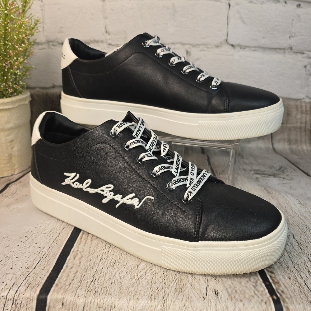Karl Lagerfeld CYLIE LOW TOP SNEAKER FAUX BLACK LEATHER BOLD LOGO WOMENS 9.5 - Picture 2 of 12